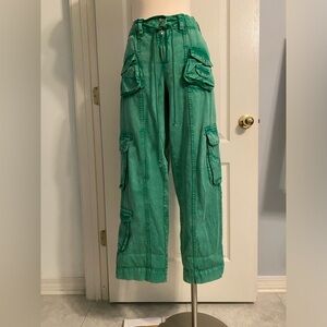 Free People Tahiti Cord Cargo Pants Pull On Drawstring Waist Medium Green